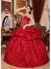 Red Ball Gown Strapless Floor-length Taffeta Appliques Quinceanera Dress