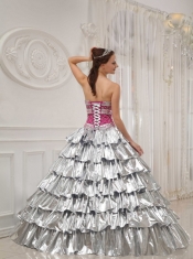 Silver and Fuchisa Ball Gown Quinceanera Dress A-line Strapless Beading Quinceanera Dress