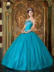 Teal A-Line / Princess Sweetheart Floor-length Beading Tulle  Quinceanera Dress
