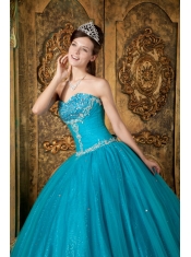 Teal A-Line / Princess Sweetheart Floor-length Beading Tulle  Quinceanera Dress
