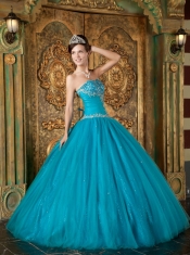 Teal A-Line / Princess Sweetheart Floor-length Beading Tulle Quinceanera Dress