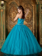 Teal A-Line / Princess Sweetheart Floor-length Beading Tulle  Quinceanera Dress