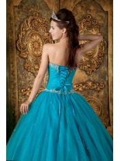 Teal A-Line / Princess Sweetheart Floor-length Beading Tulle  Quinceanera Dress