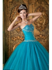 Teal A-Line / Princess Sweetheart Floor-length Beading Tulle  Quinceanera Dress
