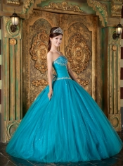 Teal A-Line / Princess Sweetheart Floor-length Beading Tulle  Quinceanera Dress