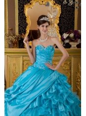 Teal Ball Gown Sweetheart Floor-length Taffeta and Organza Appliques Quinceanera Dress