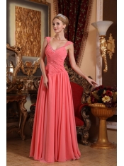 Watermelon Column / Sheath V-neck Floor-length Chiffon Beading Prom Dress