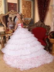 White Ball Gown Strapless Detachable Train Organza Appliques Quinceanera Dress