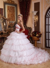 White Ball Gown Strapless Detachable Train Organza Appliques Quinceanera Dress