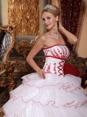 White Ball Gown Strapless Detachable Train Organza Appliques Quinceanera Dress