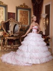 White Ball Gown Strapless Detachable Train Organza Appliques Quinceanera Dress