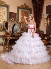 White Ball Gown Strapless Detachable Train Organza Appliques Quinceanera Dress