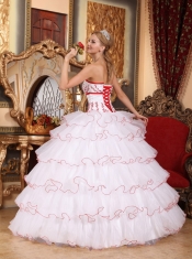 White Ball Gown Strapless Detachable Train Organza Appliques Quinceanera Dress