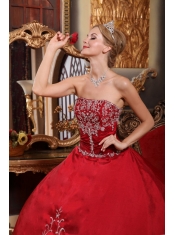 Wine Red Ball Gown Strapless Floor-length Satin  Embroidery Quinceanera Dress
