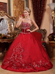 Wine Red Ball Gown Strapless Floor-length Satin  Embroidery Quinceanera Dress
