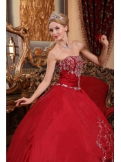 Wine Red Ball Gown Strapless Floor-length Satin  Embroidery Quinceanera Dress