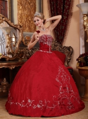 Wine Red Ball Gown Strapless Floor-length Satin  Embroidery Quinceanera Dress
