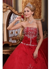 Wine Red Ball Gown Strapless Floor-length Satin  Embroidery Quinceanera Dress