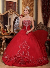 Wine Red Ball Gown Strapless Floor-length Satin  Embroidery Quinceanera Dress