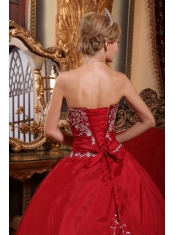 Wine Red Ball Gown Strapless Floor-length Satin  Embroidery Quinceanera Dress
