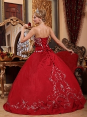 Wine Red Ball Gown Strapless Floor-length Satin  Embroidery Quinceanera Dress