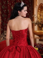 Wine Red Ball Gown Strapless Floor-length Taffeta Beading Quinceanera Dress