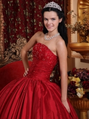 Wine Red Ball Gown Strapless Floor-length Taffeta Beading Quinceanera Dress
