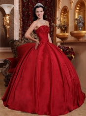 Wine Red Ball Gown Strapless Floor-length Taffeta Beading Quinceanera Dress