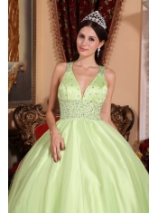 Yellow Green Ball Gown V-neck Floor-length Tulle and Taffeta Beading Quinceanera Dress