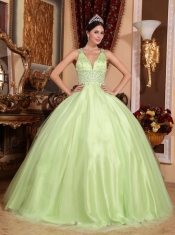 Yellow Green Ball Gown V-neck Floor-length Tulle and Taffeta Beading Quinceanera Dress