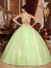 Yellow Green Ball Gown V-neck Floor-length Tulle and Taffeta Beading Quinceanera Dress