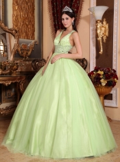 Yellow Green Ball Gown V-neck Floor-length Tulle and Taffeta Beading Quinceanera Dress