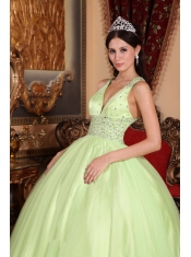 Yellow Green Ball Gown V-neck Floor-length Tulle and Taffeta Beading Quinceanera Dress