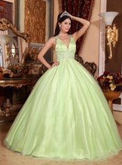 Yellow Green Ball Gown V-neck Floor-length Tulle and Taffeta Beading Quinceanera Dress