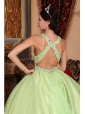 Yellow Green Ball Gown V-neck Floor-length Tulle and Taffeta Beading Quinceanera Dress