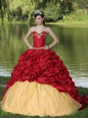 Quinceanera Dress Appliques and Pick-ups Wine Red Brush Train Exquisite Style