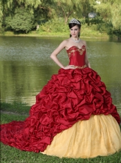 Quinceanera Dress Appliques and Pick-ups Wine Red Brush Train Exquisite Style