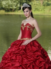 Quinceanera Dress Appliques and Pick-ups Wine Red Brush Train Exquisite Style