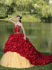 Quinceanera Dress Appliques and Pick-ups Wine Red Brush Train Exquisite Style