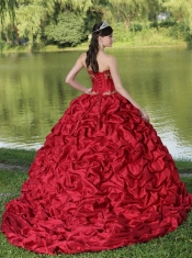 Quinceanera Dress Appliques and Pick-ups Wine Red Brush Train Exquisite Style