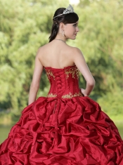 Quinceanera Dress Appliques and Pick-ups Wine Red Brush Train Exquisite Style