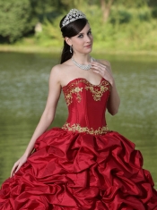Quinceanera Dress Appliques and Pick-ups Wine Red Brush Train Exquisite Style
