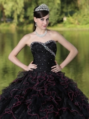 Quinceanera Dress Beaded Decorate Bodice Sweetheart and Black Ball Gown Organza Ruffles Layered