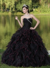 Quinceanera Dress Beaded Decorate Bodice Sweetheart and Black Ball Gown Organza Ruffles Layered