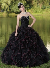 Quinceanera Dress Beaded Decorate Bodice Sweetheart and Black Ball Gown Organza Ruffles Layered