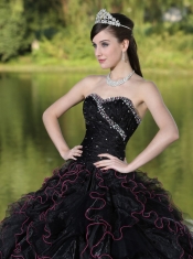Quinceanera Dress Beaded Decorate Bodice Sweetheart and Black Ball Gown Organza Ruffles Layered