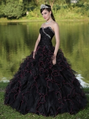 Quinceanera Dress Beaded Decorate Bodice Sweetheart and Black Ball Gown Organza Ruffles Layered