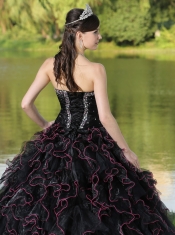 Quinceanera Dress Beaded Decorate Bodice Sweetheart and Black Ball Gown Organza Ruffles Layered