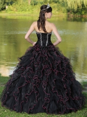 Quinceanera Dress Beaded Decorate Bodice Sweetheart and Black Ball Gown Organza Ruffles Layered