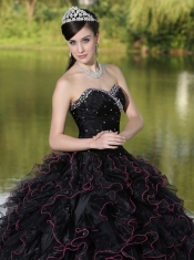 Quinceanera Dress Beaded Decorate Bodice Sweetheart and Black Ball Gown Organza Ruffles Layered